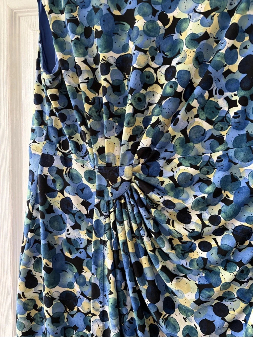 DressBarn Blue Printed Cap-Sleeve Gathered Waist Dress